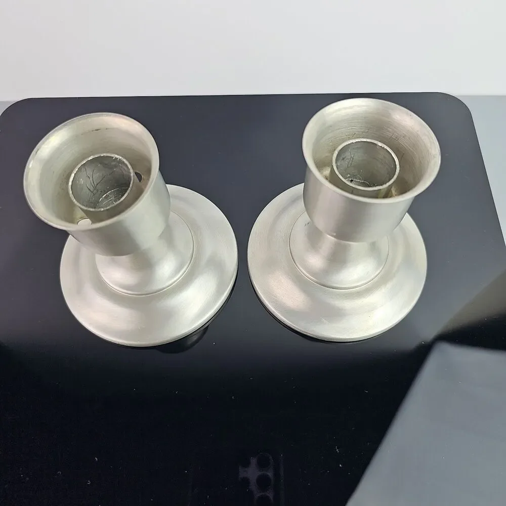International Silver Co Pewter Satin Candle Stick Taper Holders 3.5 in Set of 2